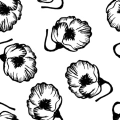 Hand drawn black and white seamless pattern with flower silhouette. Modern floral compositions. Vector stock illustration. Holiday background for web, fabric, textile. Line art vector illustration