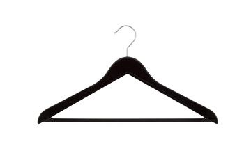 Empty black hanger isolated on a white background. Potential copy space above and inside clothes hangers. Coat hanger close up. - obrazy, fototapety, plakaty