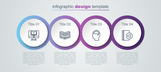 Set line Online class, Open book, Human brain and Audio. Business infographic template. Vector