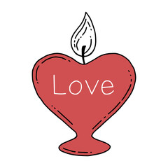 Heart shaped candle with love lettering in doodle style. Valentines day. Vector illustration.