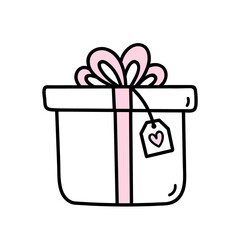 Cute gift with pink bow and ribbon for Valentine's Day isolated on white background. Vector hand-drawn illustration in doodle style. Perfect for holiday designs, cards, decorations, logo.