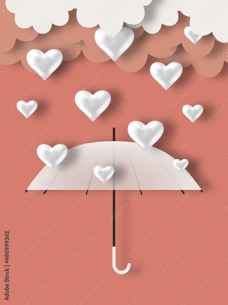 Canvas Prints clouds, silver hearts and a white paper-cut style umbrella on a pink background. concept of loving w