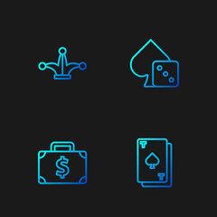 Set line Playing card with spades, Briefcase and money, Joker playing and Game dice. Gradient color icons. Vector