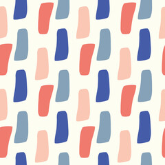 Abstract vector seamless pattern with hand drawn irregular rectangle shapes. Colourful fun repeat background with elements in childlike paint style. Faux stamp geometric vertical in pink, blue white.