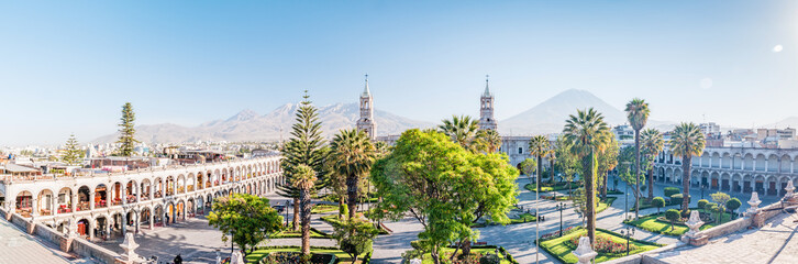 The main square of Arequipa on the background of the volcano El Misti
