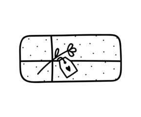 Cute gift with a flower in a holiday package isolated on white background. Vector hand-drawn illustration in doodle style. Perfect for Valentine's day and birthday designs, cards, decorations, logo.