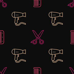 Set line Hairbrush, dryer and Scissors hairdresser on seamless pattern. Vector