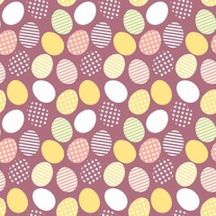 Sweet cute Easter seamless repeat pattern on purple background . Happy Easter eggs. 