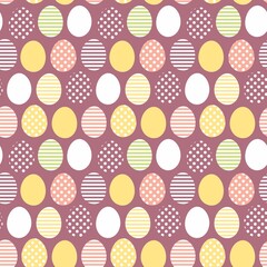 Sweet cute Easter seamless repeat pattern on purple background . Happy Easter eggs. 