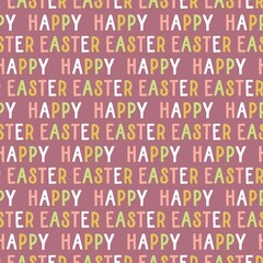 Sweet cute Easter seamless repeat pattern on violet background . Happy Easter text letters. 