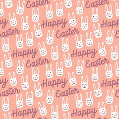 Sweet cute Easter seamless repeat pattern on pink background . Happy Easter text bunnies rabbits. 