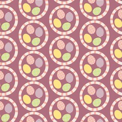 Sweet cute Easter seamless repeat pattern on purple background . Happy Easter basket with eggs . 