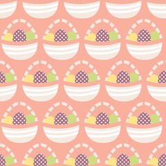 Sweet cute Easter seamless repeat pattern on pink background . Happy Easter basket with eggs. 