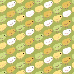 Sweet cute Easter seamless repeat pattern on green background . Happy Easter chickens . 