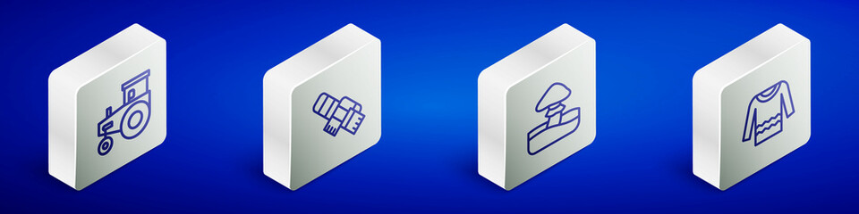 Set Isometric line Tractor, Winter scarf, Mushroom and Sweater icon. Vector