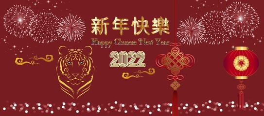 Fototapeta na wymiar Chinese new year 2022 greeting card with fireworks and tiger 