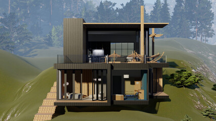 Modern house with a flat roof on the hill. House with terraces and pergolas 3D rendering