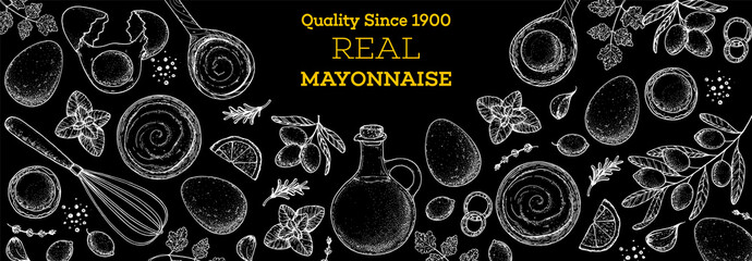 Mayonnaise sauce cooking and ingredients frame. Hand drawn sketch, vector illustration. Homemade mayonnaise sauce, design elements. Hand drawn package design. Oil and eggs.