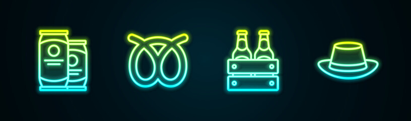 Set line Beer can, Pretzel, Pack of beer bottles and Oktoberfest hat. Glowing neon icon. Vector