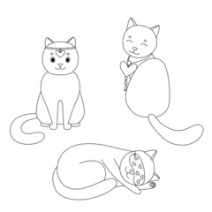 Cute cat with heart. Silhouette in Doodle style, black lines, sketch. Set for decoration, coloring for kids, logo.