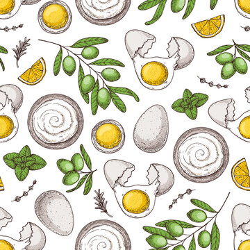 Mayonnaise sauce cooking and ingredients. Seamless pattern. Hand drawn vector illustration. Homemade mayonnaise sauce. Hand drawn, package design.