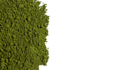 Chlorella green powder border isolated on a white background. Spirulina or barley powder....