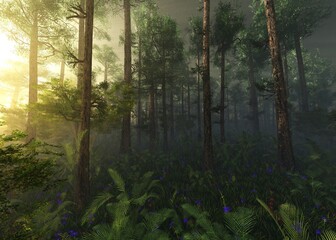 Fototapeta premium Forest in the morning in a fog in the sun, trees in a haze of light, glowing fog among the trees, 3D rendering