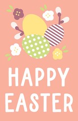 Greeting card Happy Easter cute eggs flowers colourful on coral pink background