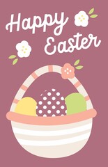 Greeting card Happy Easter funny colourful basket with eggs on violet background