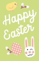 Greeting card Happy Easter funny chicken bunny egg colourful on green background