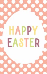 Greeting card Happy Easter funny colourful egg on pink coral background