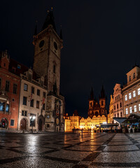 Beautiful landscape with Astronomical Clock (Orloj) in the Old Town in Prague at night, Czech Republic, Europe.