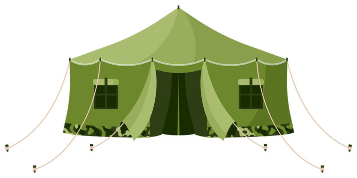 Front view of green khaki camouflage military tarpaulin tent. Touristic equipment for camping and tourism.