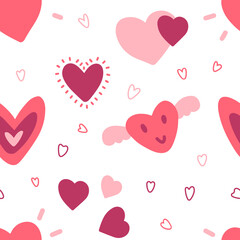 Vector seamless pattern of hearts in the style of hand drawn for Valentine's Day on an isolated white background