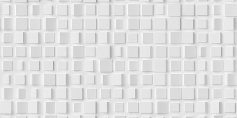 Random rotated many small white cube boxes block geometrical background wallpaper banner or template flat lay from above