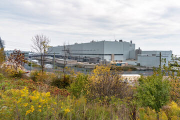 Fototapeta na wymiar Nuclear power station on a cloudy autumn day. Ontario, Canada.