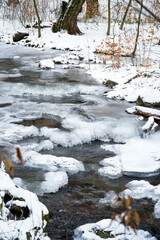 ice caps rocks, rocks in the ice , winter river, frozen water 