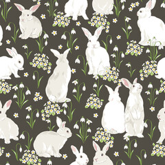 Cute bunny in Spring Bloomy garden with snowdrops and primrose florals vector seamless pattern. Vintage romantic nature hand drawn print. Cottage core aesthetic background.