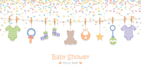 baby shower welcome greeting card for childbirth with hanging utensils and confetti
