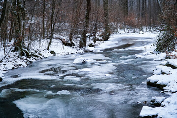 winter forest, frozen river, winter landscape, ice on the water, winter background  
