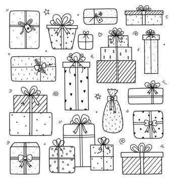 Cute set of doodles with gifts isolated on white background. Presents in various festive packages, with bows and different designs. Vector hand-drawn illustration. Perfect for holiday decorations.
