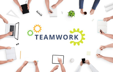 Teamwork concept with people on work desk and text in the middle. People work hard together on...
