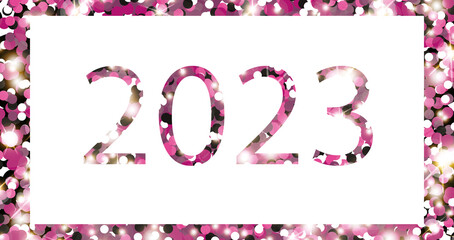 Weiße 2023-Schablone mit lila Glitzer im Hintergrund