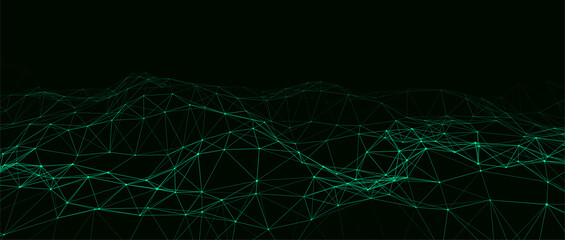 Abstract vector technology wave of particles. Big data visualization. Background with motion dots and lines. Artificial intelligence.