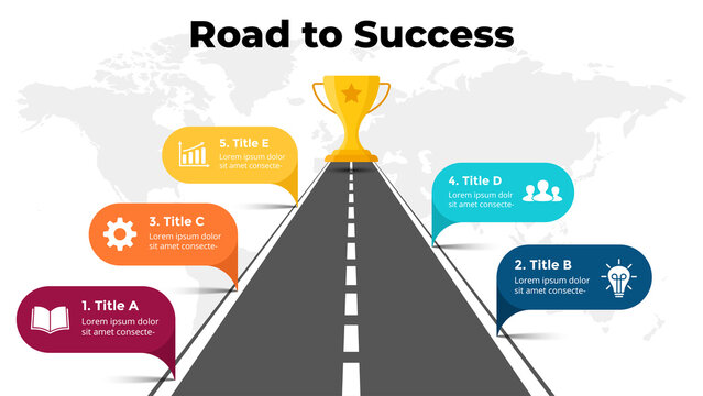 Road to success infographic. Winner cup. Business presentation slide template. Roadmap timeline. Diagram chart with 5 steps, options, processes. 