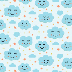 Cute smiling blue clouds seamless pattern with stars . Great for kids cloth , nursery wall  and baby shower 