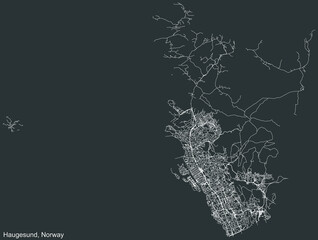 Detailed negative navigation white lines urban street roads map of the Norwegian regional capital city of HAUGESUND, NORWAY on dark gray background