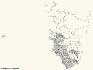 Detailed navigation black lines urban street roads map of the Norwegian regional capital city of HAUGESUND, NORWAY on vintage beige background