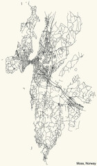 Detailed navigation black lines urban street roads map of the Norwegian regional capital city of MOSS, NORWAY on vintage beige background