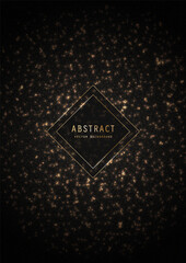 Vector shiny black festive background with a golden glitter, sparkles and elegant outline frame. Premium brilliance decorative celebratory design template of invitation, brochure, notebook or card